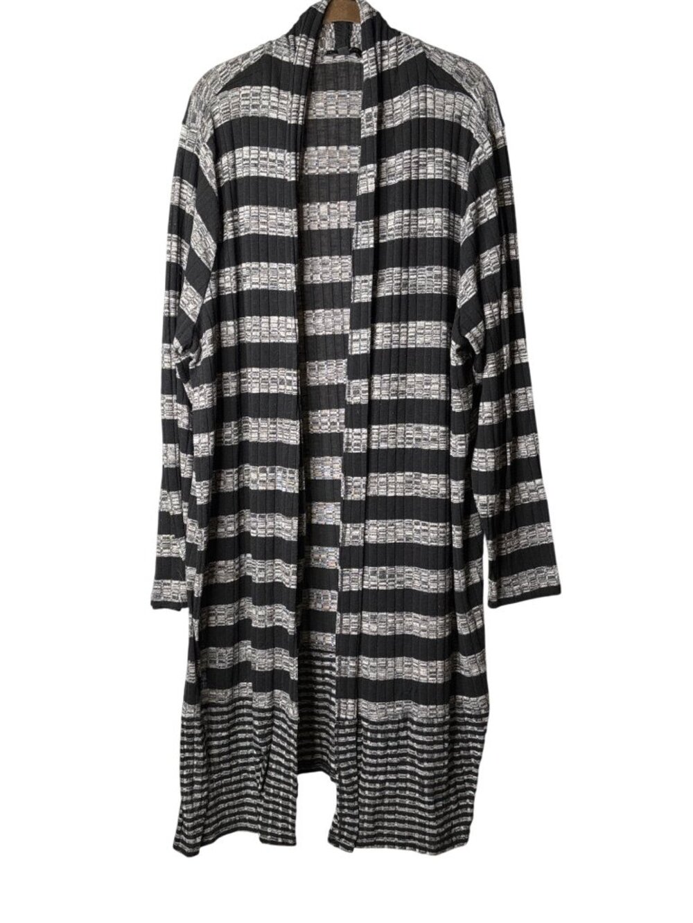 Lane Bryant Plus Size Duster Cardigan 26/28 Striped Grey Black Ribbed Side Slits